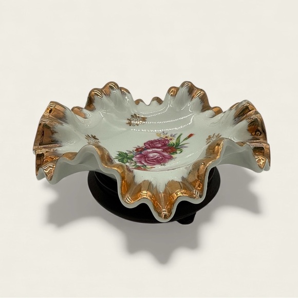 Vintage Other - Mojae Signed China 1950s Floral Ruffled 22K Gold Candy Dish w/ Real Wood Stand